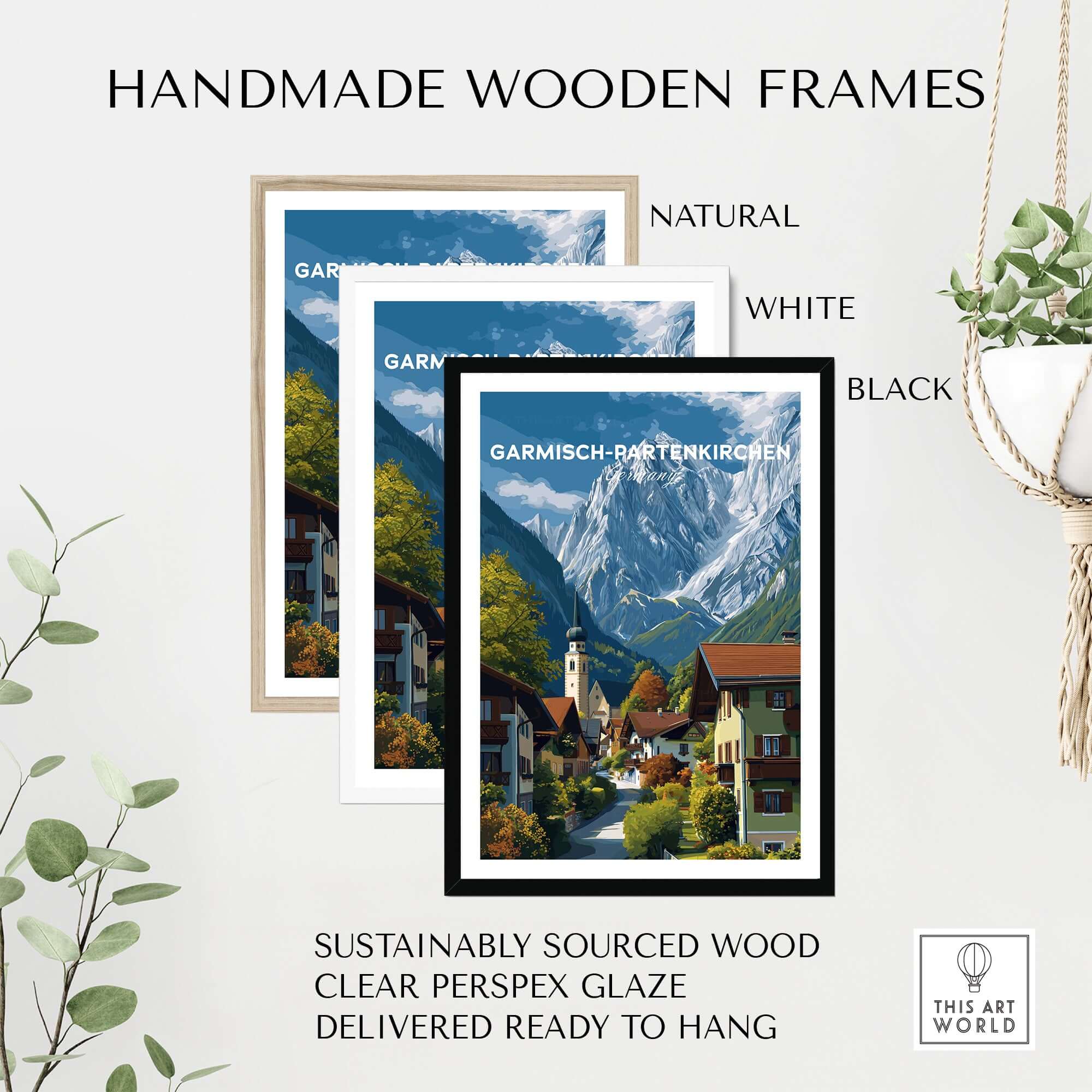 Garmisch-Partenkirchen Print | Bavarian Home Decor displayed in handmade wooden frames in natural, white, and black styles.
