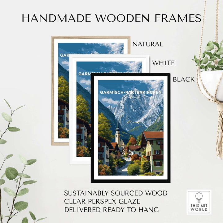 Garmisch-Partenkirchen Print | Bavarian Home Decor displayed in handmade wooden frames in natural, white, and black.