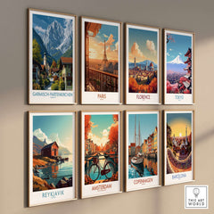 Garmisch-Partenkirchen Germany Snow-Capped Alps Art Print | Village Travel Poster displayed among various travel posters.