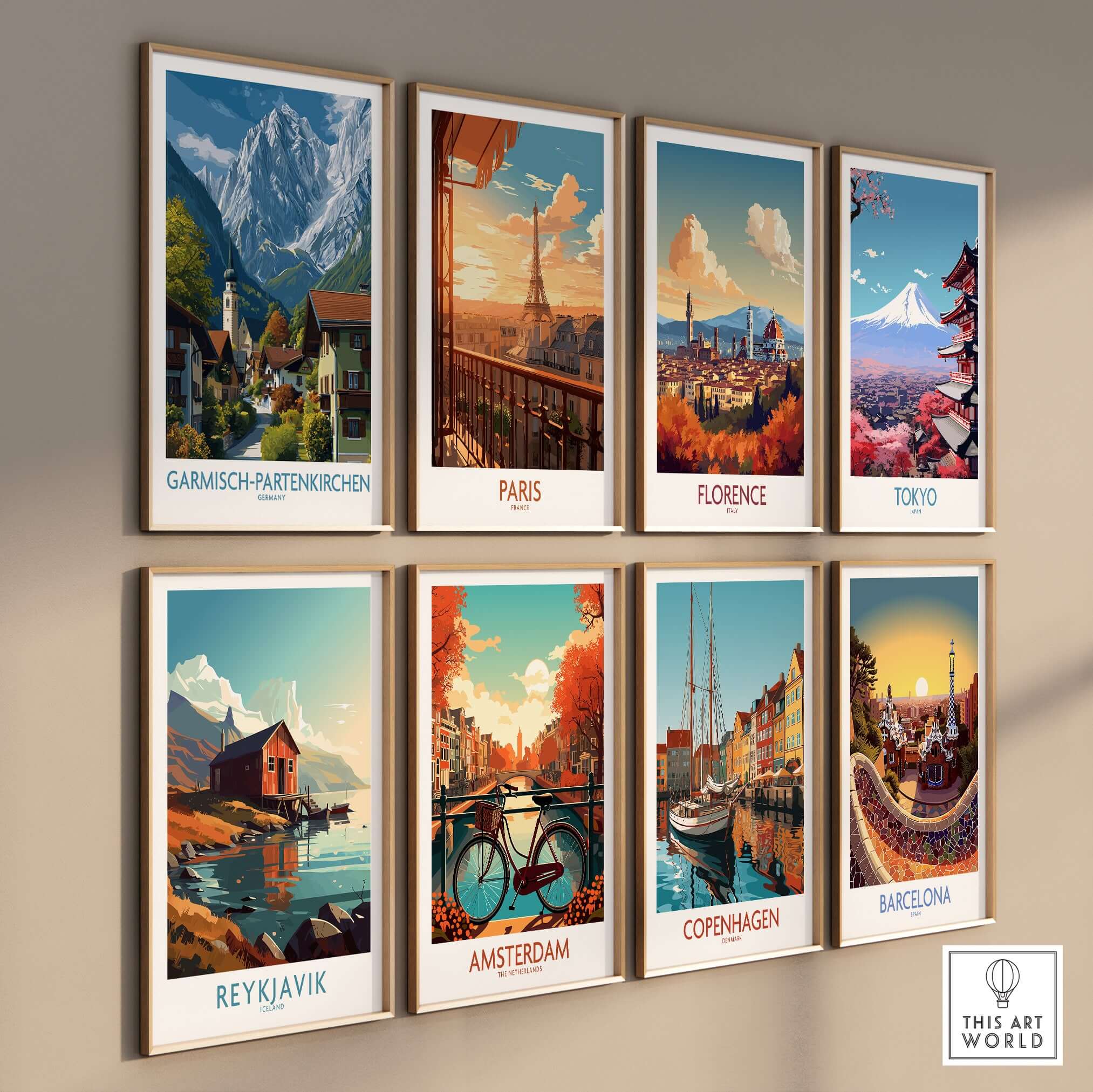 Garmisch-Partenkirchen Germany Snow-Capped Alps Art Print | Village Travel Poster displayed among various travel posters.