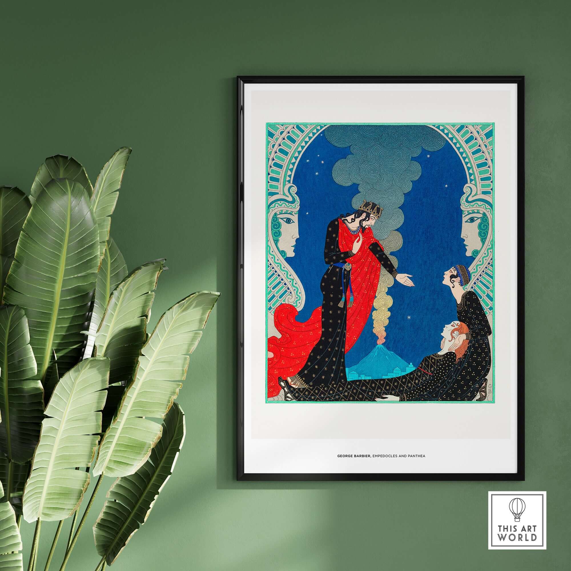 Exhibition Art Print George Barbier Empedocles Panthea Art Deco Mythology Poster Wall Art framed on green wall.