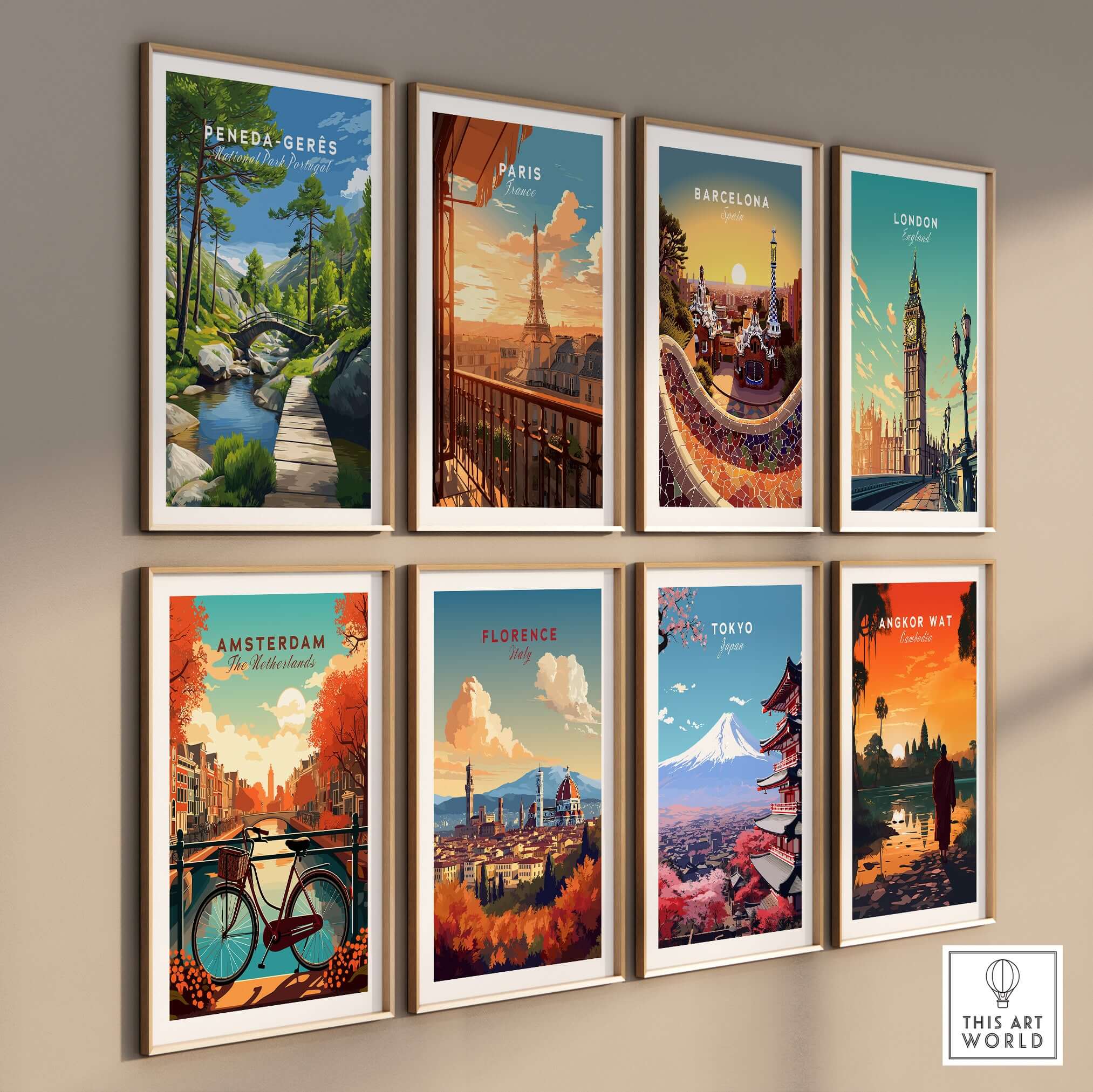Gerês Portugal Print | Scenic Mountain Wall Art collection framed on a wall showcasing various iconic cities.