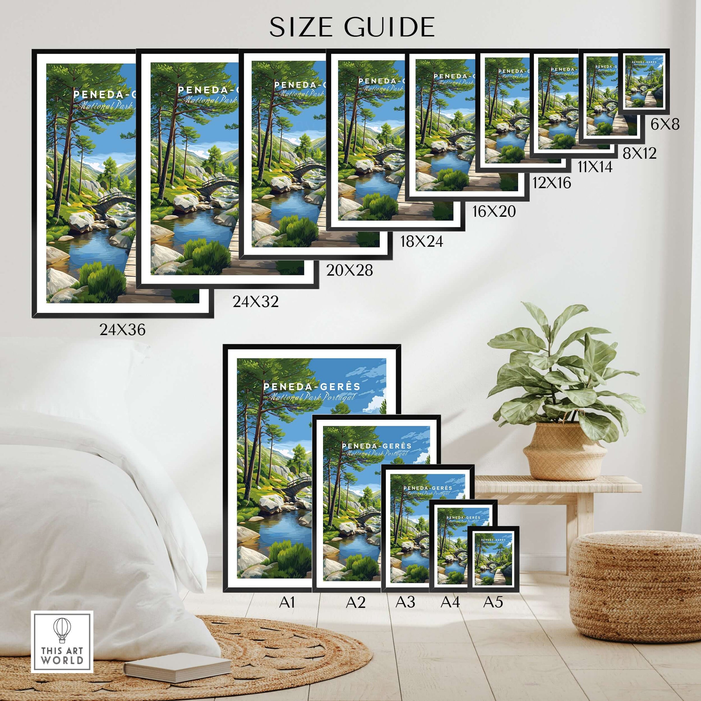 Gerês Portugal Print | Scenic Mountain Wall Art size guide featuring various frame sizes and layout options.