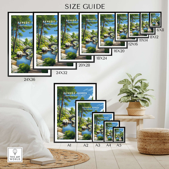 Gerês Portugal Print | Scenic Mountain Wall Art size guide showcasing various frame sizes and design options.