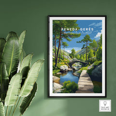 Gerês Portugal Print | Scenic Mountain Wall Art showcasing a serene landscape with a bridge and greenery.