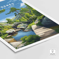 Gerês Portugal Print | Scenic Mountain Wall Art showcasing a vibrant landscape with greenery and a wooden bridge over a stream.