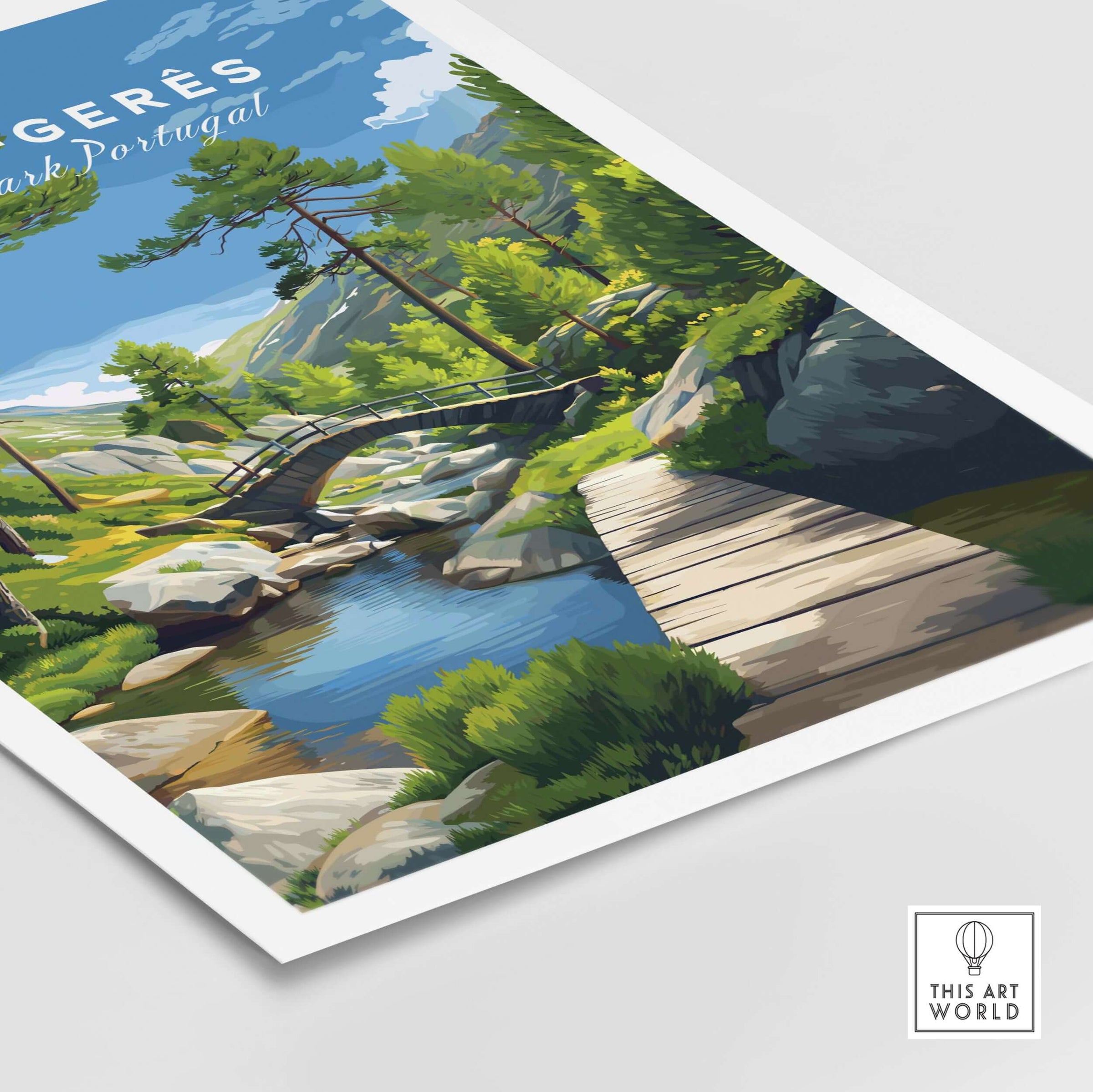 Gerês Portugal Print | Scenic Mountain Wall Art showcasing a vibrant landscape with greenery and a wooden bridge over a stream.