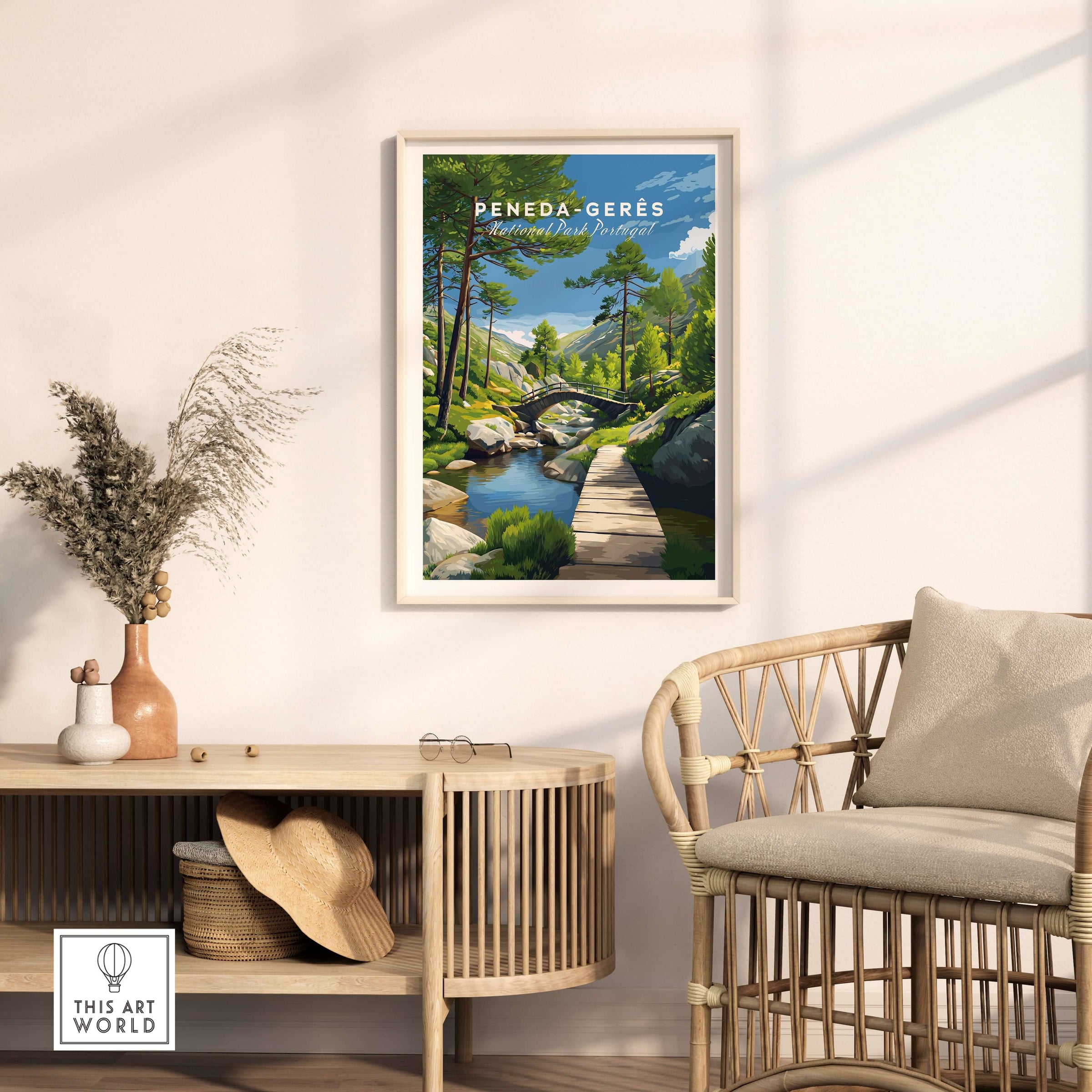Gerês Portugal Print | Scenic Mountain Wall Art displayed in a stylish living room with natural decor.