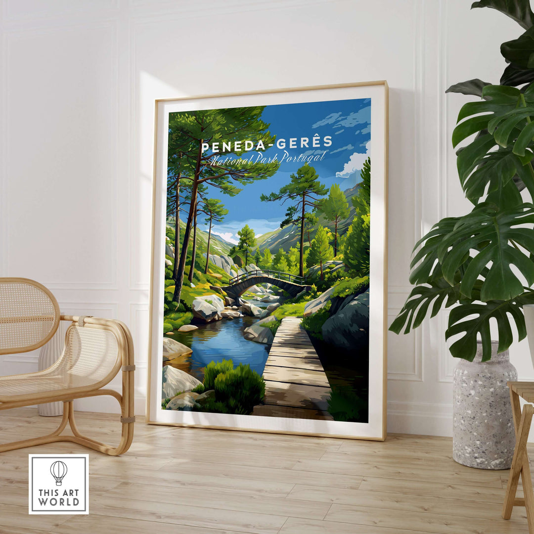 Gerês Portugal Print | Scenic Mountain Wall Art featuring a picturesque landscape with a bridge and lush greenery.
