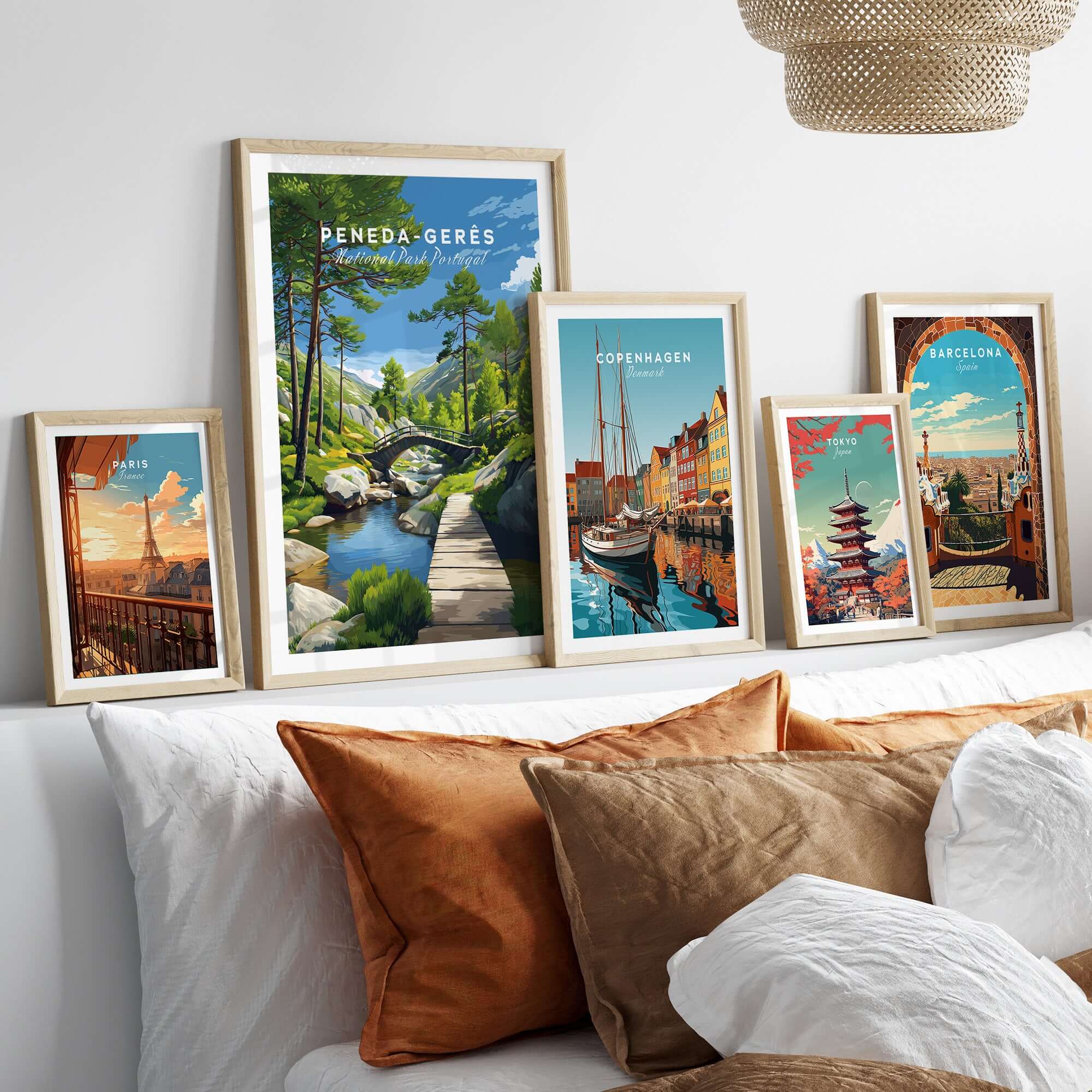 Gerês Portugal Print | Scenic Mountain Wall Art displayed among various travel prints on a cozy sofa.