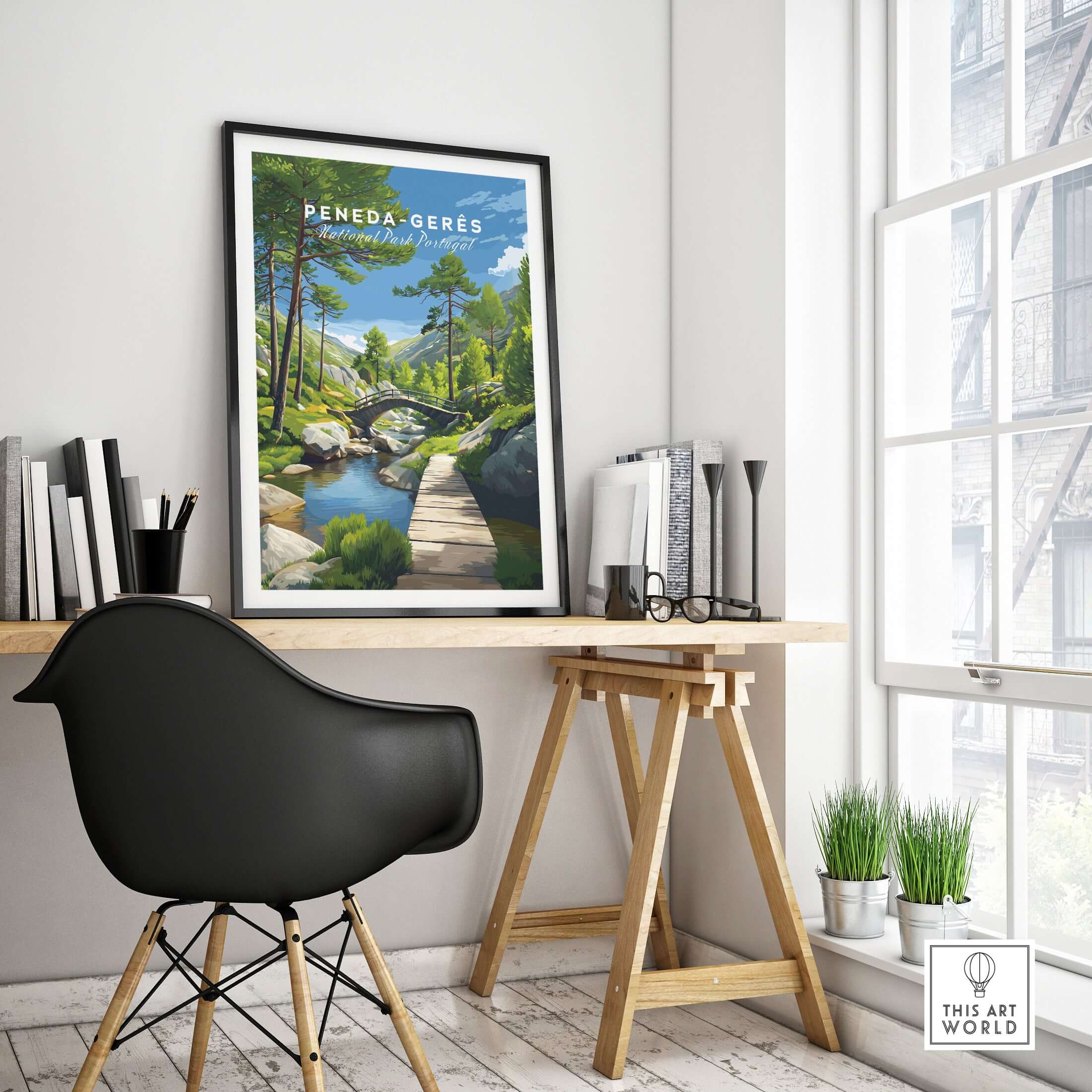 Gerês Portugal Print | Scenic Mountain Wall Art displayed in a modern workspace with greenery and natural light.