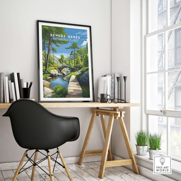 Gerês Portugal Print | Scenic Mountain Wall Art displayed in a stylish modern interior with a desk and chair.