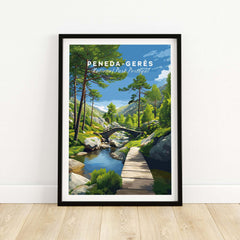 Gerês Portugal Print | Scenic Mountain Wall Art showcasing a serene landscape with a bridge and lush greenery.