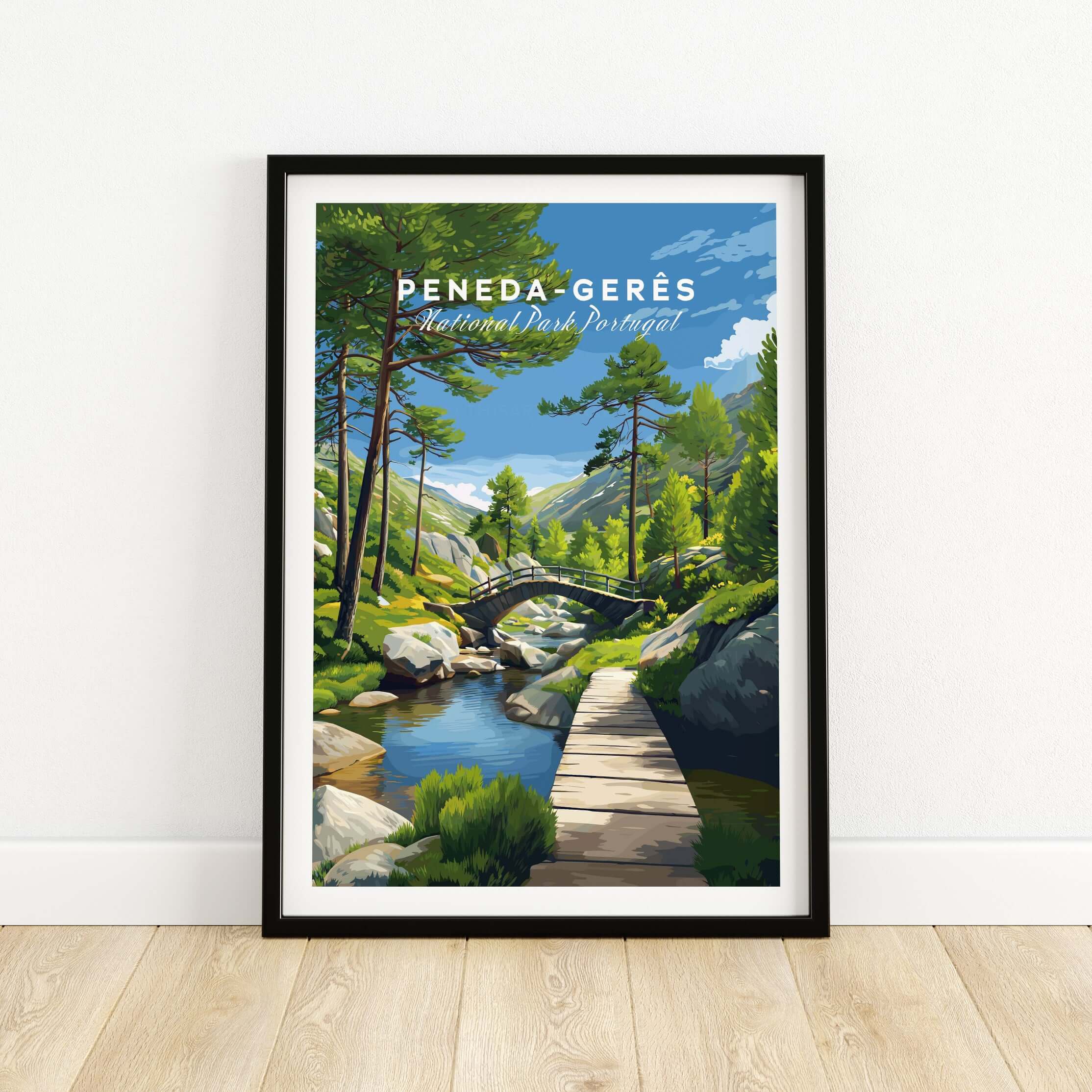 Gerês Portugal Print | Scenic Mountain Wall Art showcasing a serene landscape with a bridge and lush greenery.