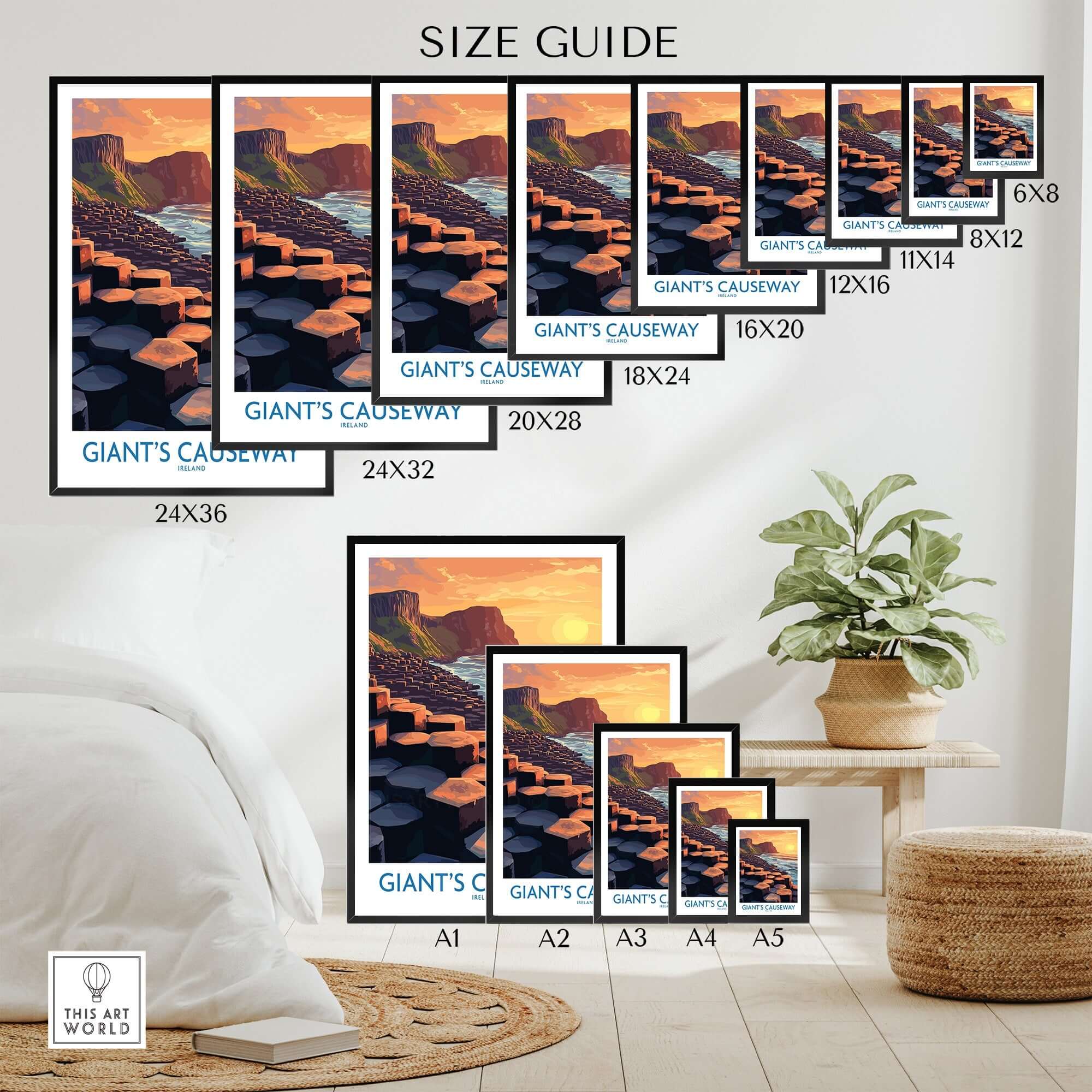 Giant's Causeway Art Print size guide showcasing various sizes of stunning art prints.