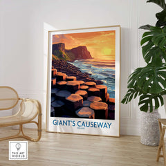 Giant's Causeway Art Print showcasing the iconic landmark at sunset in a stylish interior setting.