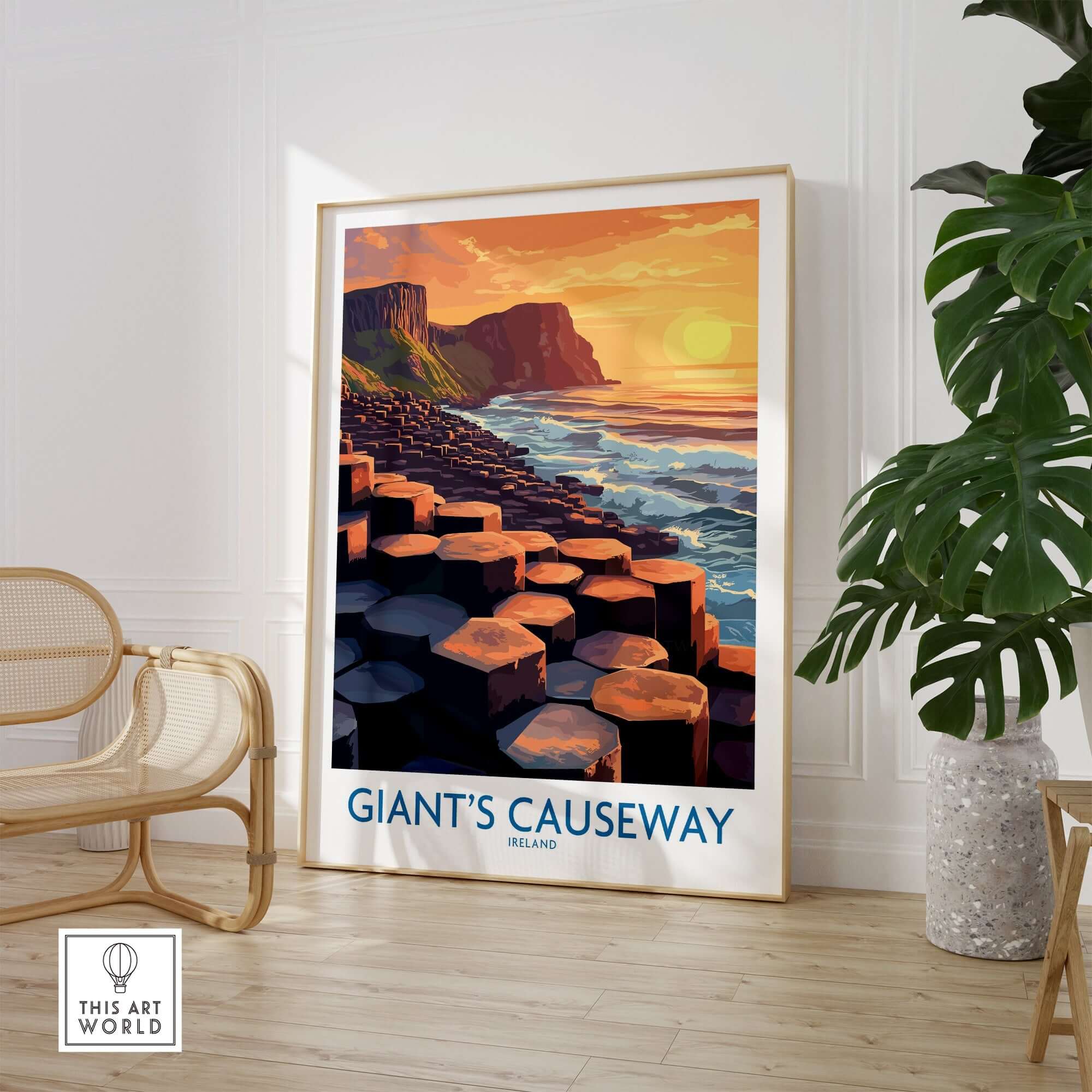Giant's Causeway Art Print showcasing the iconic landmark at sunset in a stylish interior setting.