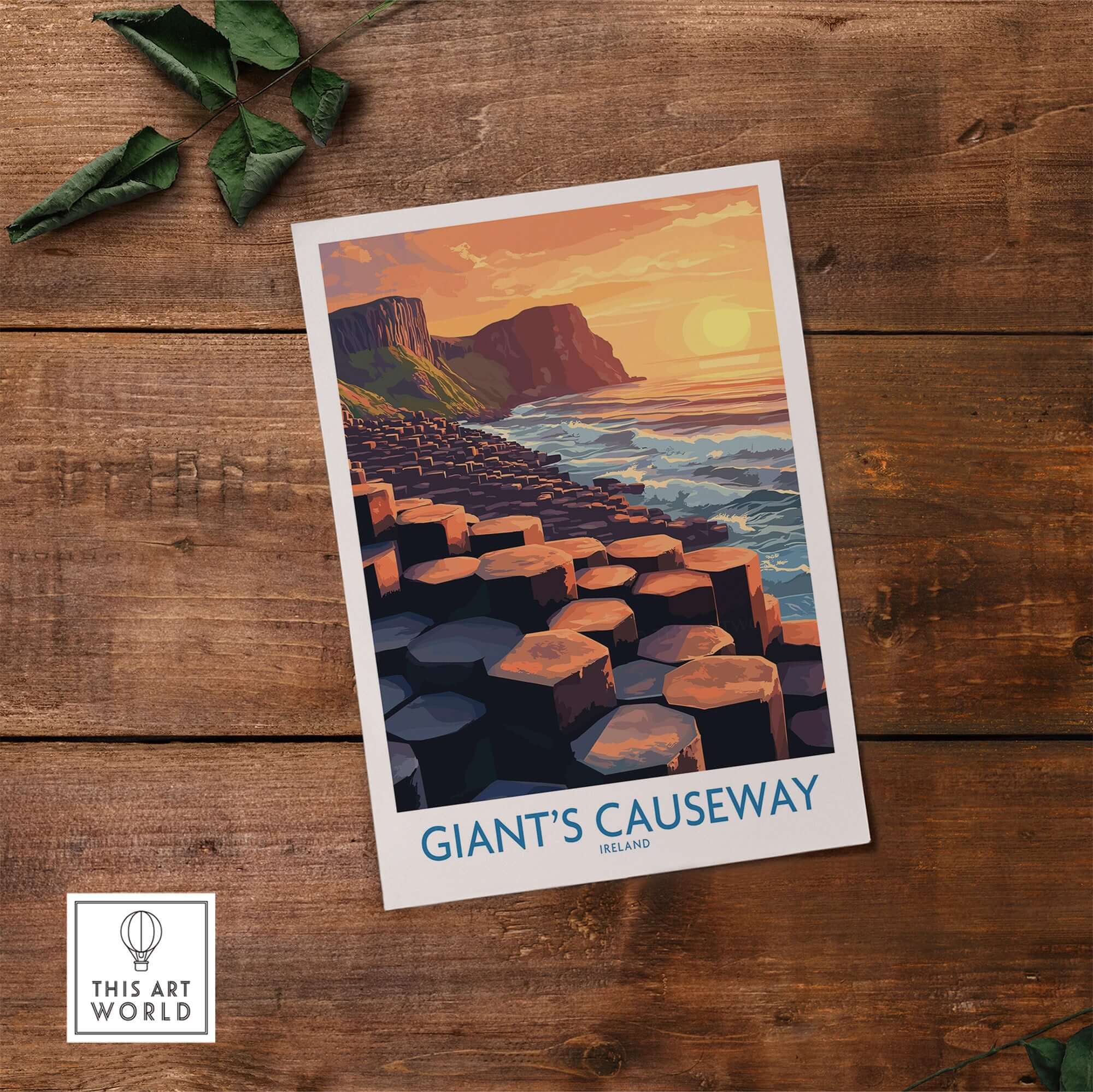 Giant's Causeway Art Print featuring a vibrant sunset over the iconic basalt columns and ocean.