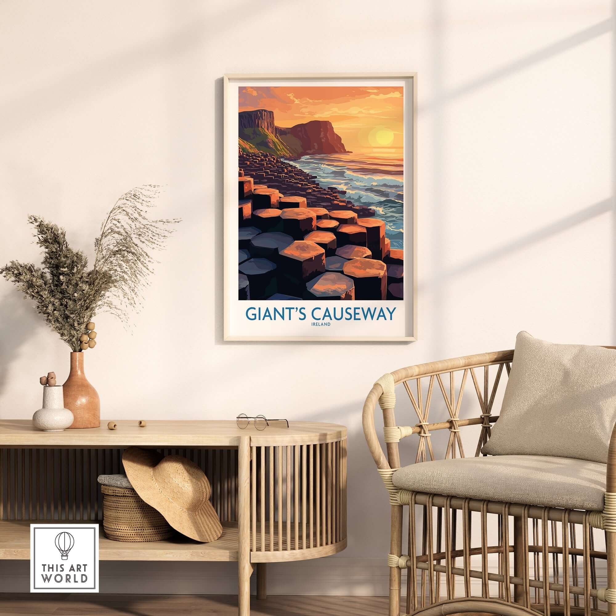Giant's Causeway Art Print showcasing sunset colors and iconic rock formations in a cozy home setting.