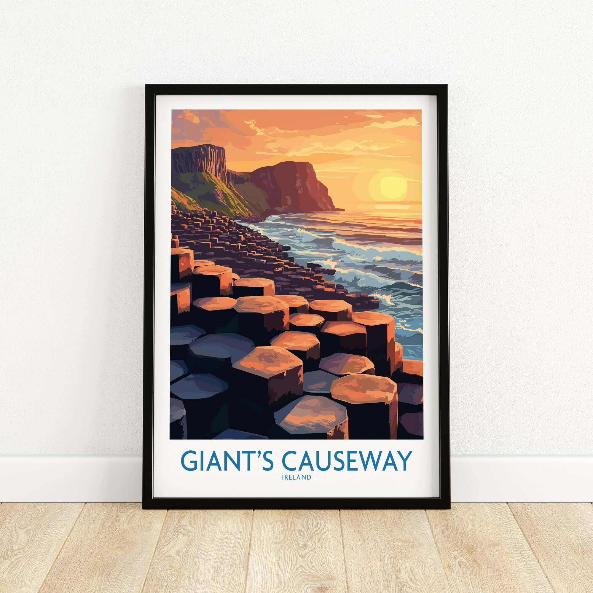Giant's Causeway Art Print featuring a beautiful sunset over the iconic coastal landmark.