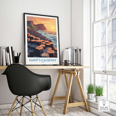 Giant's Causeway Art Print featuring vibrant sunset over rocky coast in a modern home setting.
