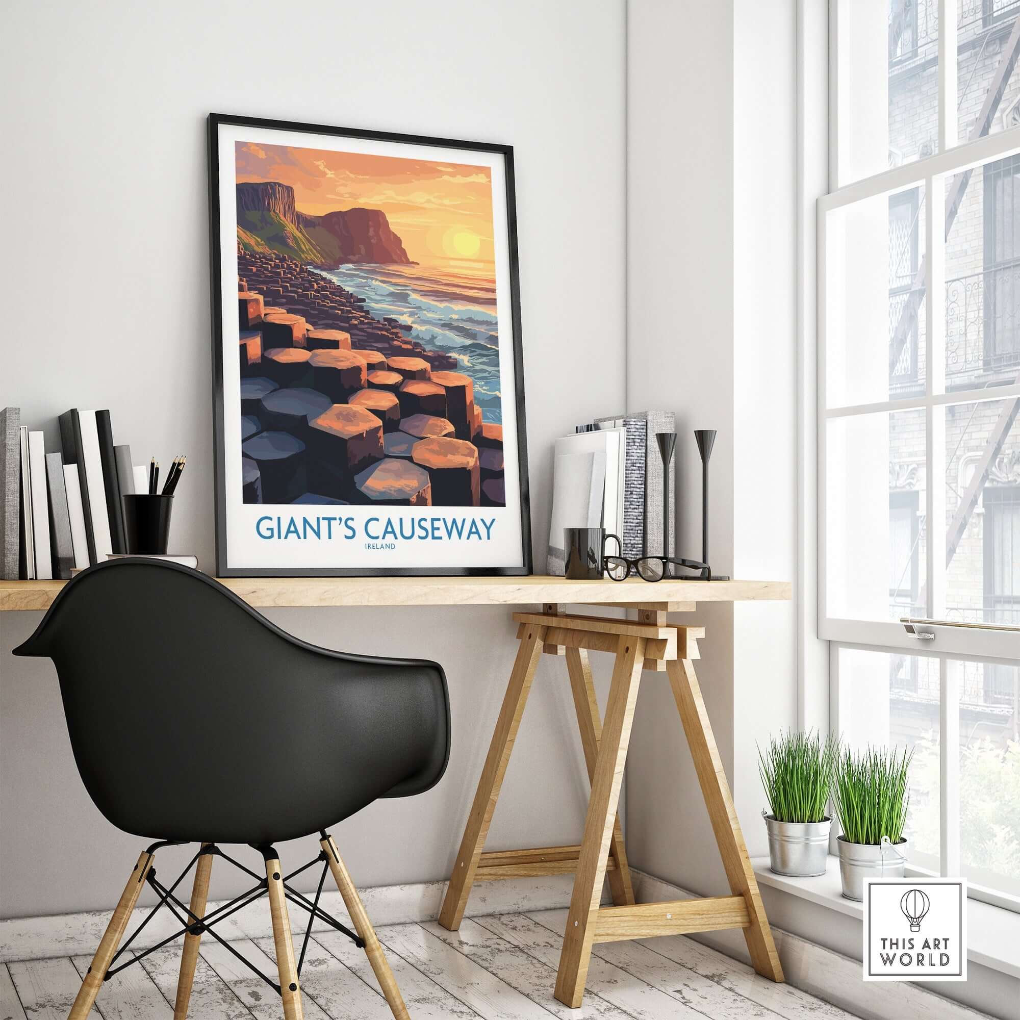 Giant's Causeway Art Print featuring vibrant sunset over rocky coast in a modern home setting.