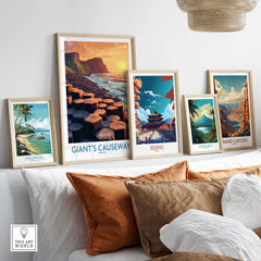 Giant's Causeway Art Print displayed among other travel-themed art prints in a cozy living space.