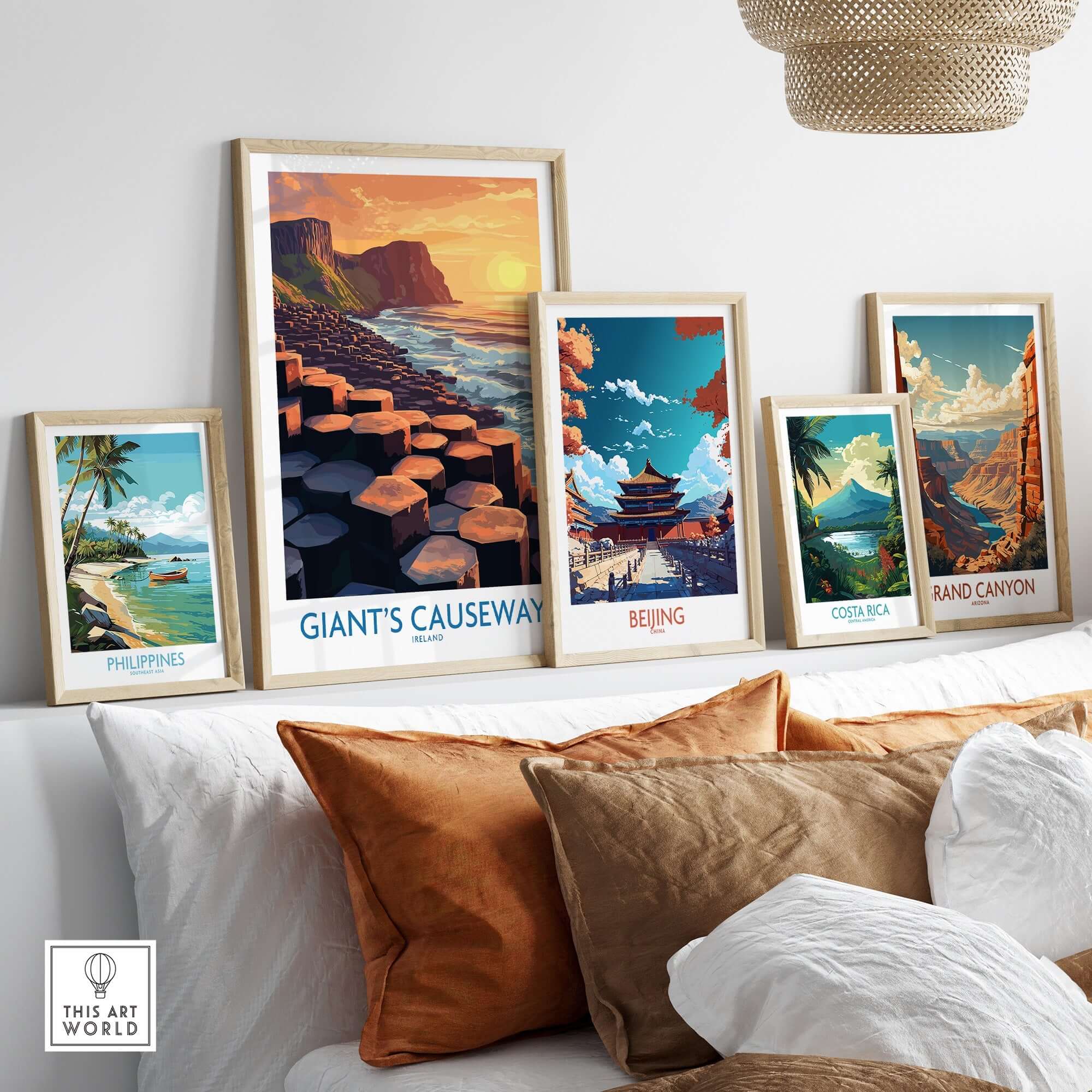 Giant's Causeway Art Print displayed among other travel-themed art prints in a cozy living space.