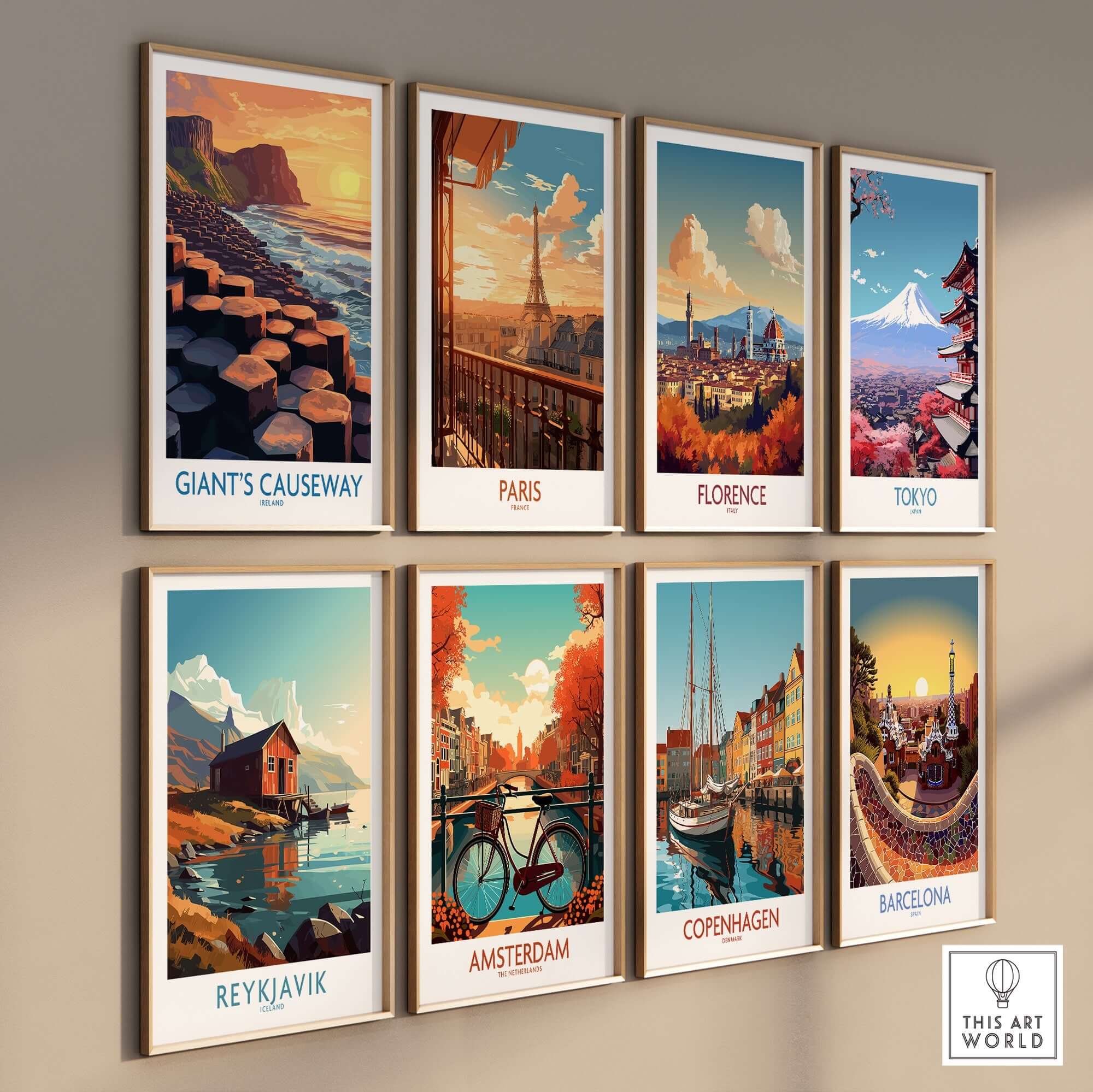 Gallery wall featuring Giant's Causeway Art Print and various cityscape prints.