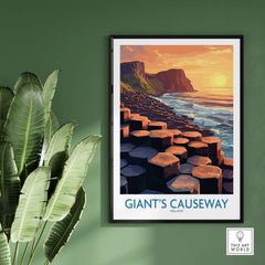 Giant's Causeway Art Print showcasing a sunset over the iconic hexagonal columns of the landmark in Northern Ireland.