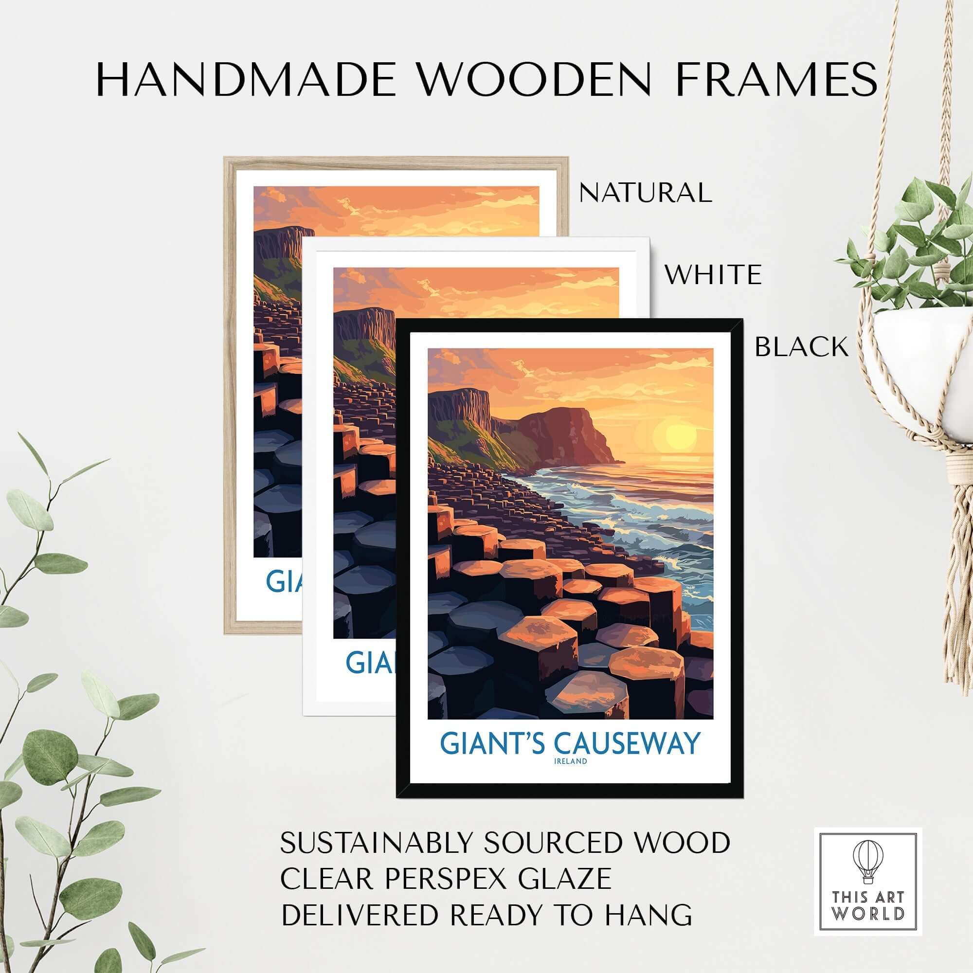 Giant's Causeway Art Print framed in natural, white, and black handmade wooden frames, showcasing a stunning landscape.