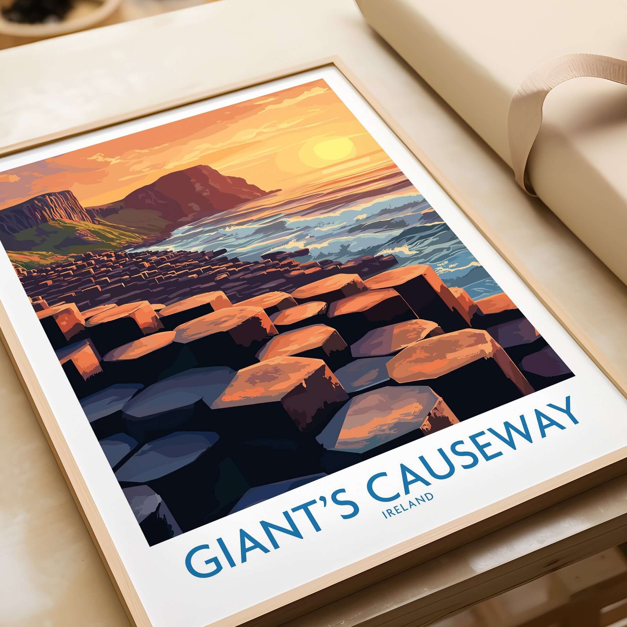 Giant's Causeway Art Print featuring sunset over iconic Northern Ireland landscape with hexagonal basalt columns.