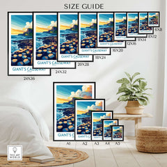 Giant's Causeway Travel Poster size guide showcasing various dimensions and vibrant design for your home decor.