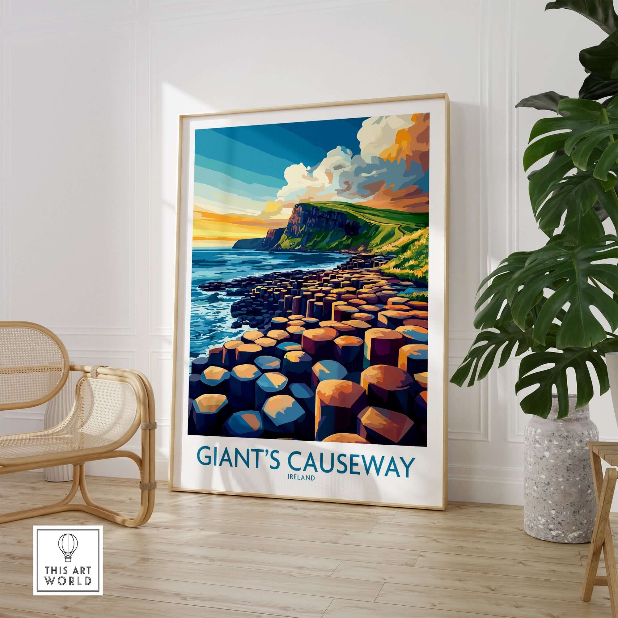 Giant's Causeway Travel Poster featuring vibrant colors and stunning landscape of Northern Ireland's natural wonder.