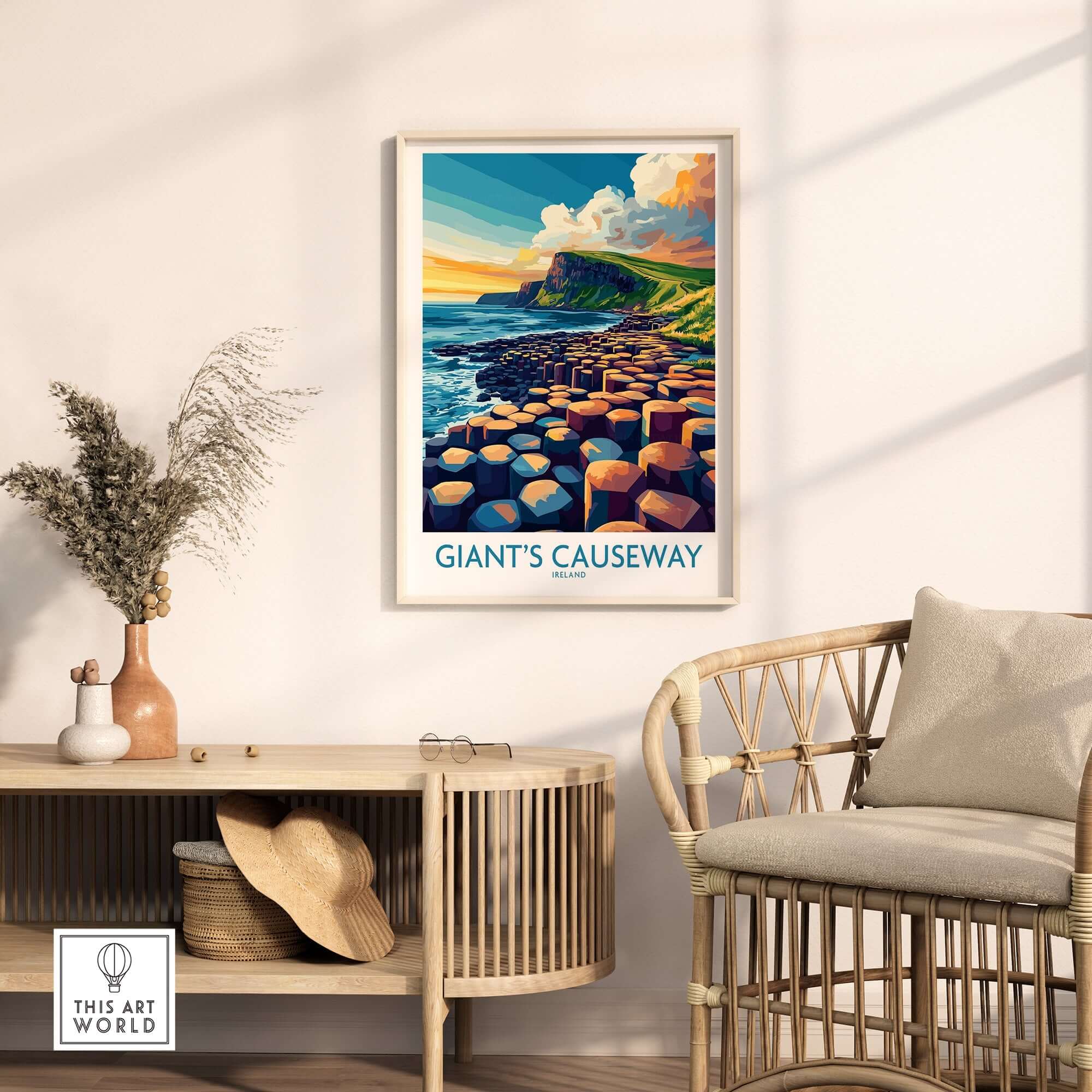 Giant's Causeway Travel Poster showcasing vibrant colors and detailed design of the iconic Northern Ireland landscape.