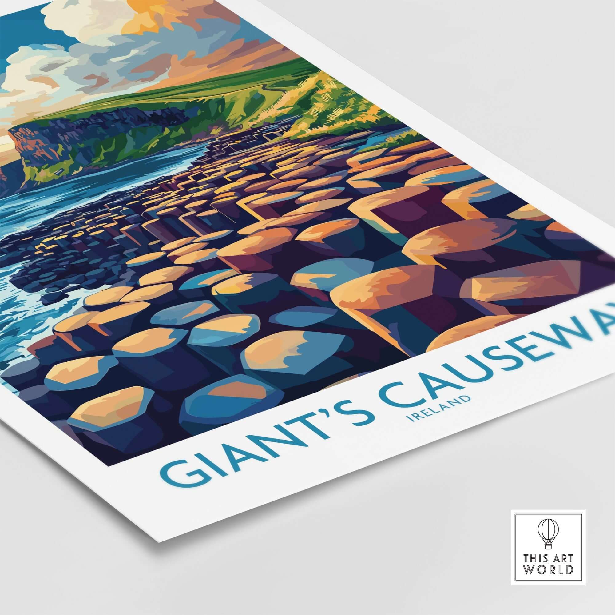 Giant's Causeway Travel Poster showcasing vibrant colors, detailed design of Northern Ireland's natural beauty.