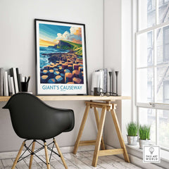 Giant's Causeway Travel Poster showcased in a modern workspace, featuring vibrant colors and stunning detail.