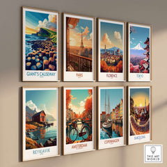 Giant's Causeway Travel Poster alongside other vibrant travel posters including Paris, Florence, and Tokyo.