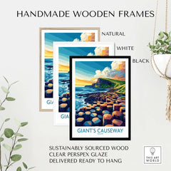 Giant's Causeway Travel Poster displayed in natural, white, and black handmade wooden frames.