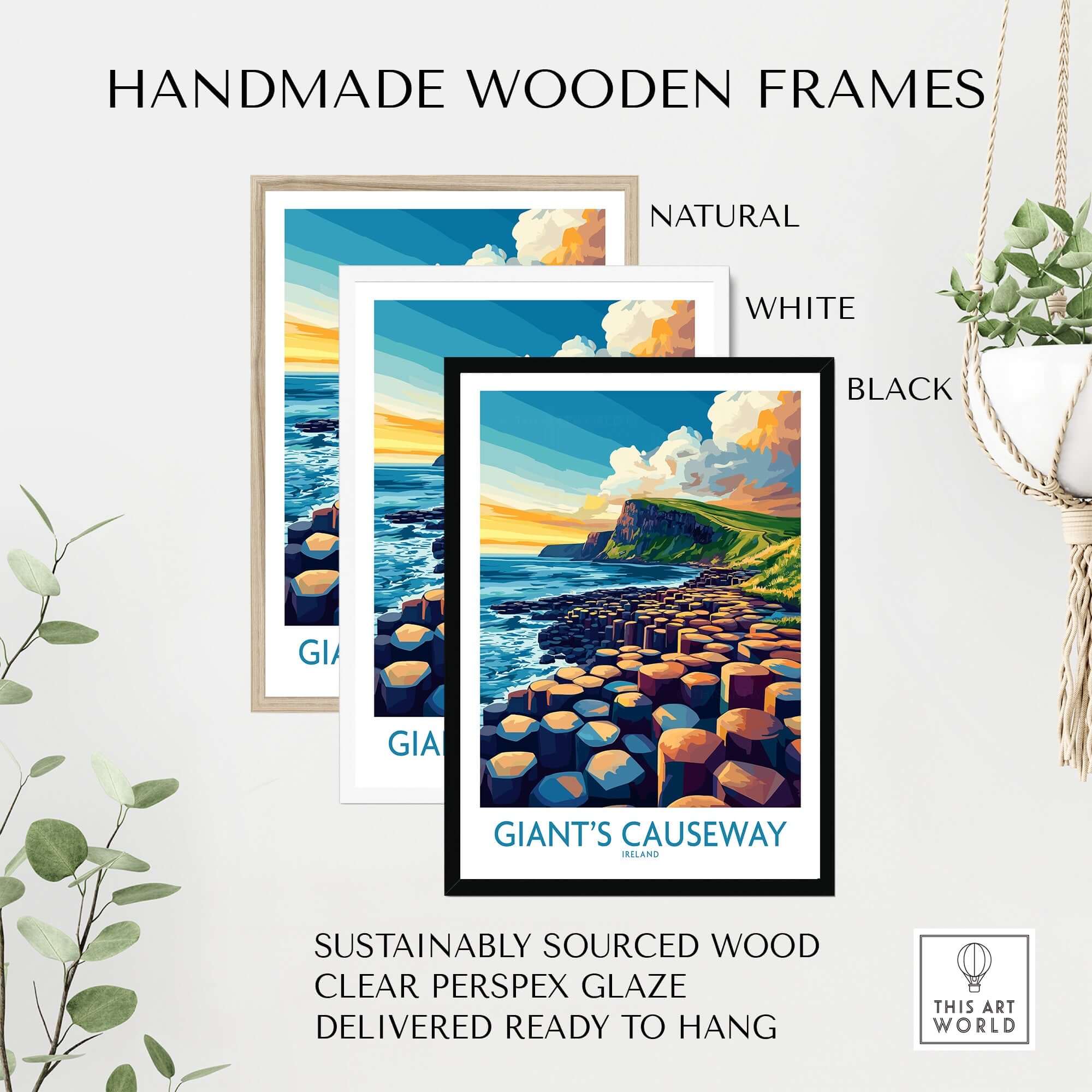 Giant's Causeway Travel Poster displayed in natural, white, and black handmade wooden frames.