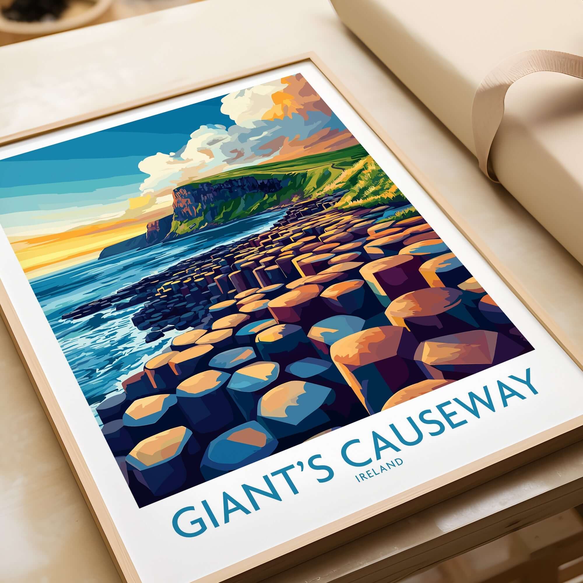 Giant's Causeway Travel Poster showcasing vibrant colors of Northern Ireland's iconic landscape.