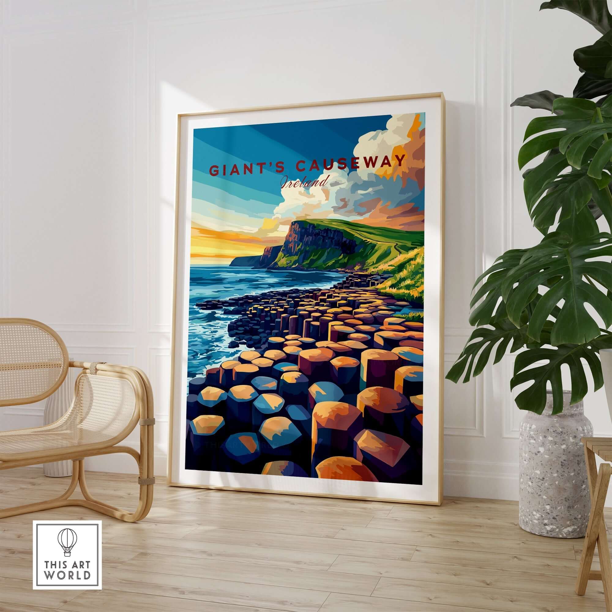 Giant's Causeway Travel Print showcasing stunning coastal landscape in a modern living space.