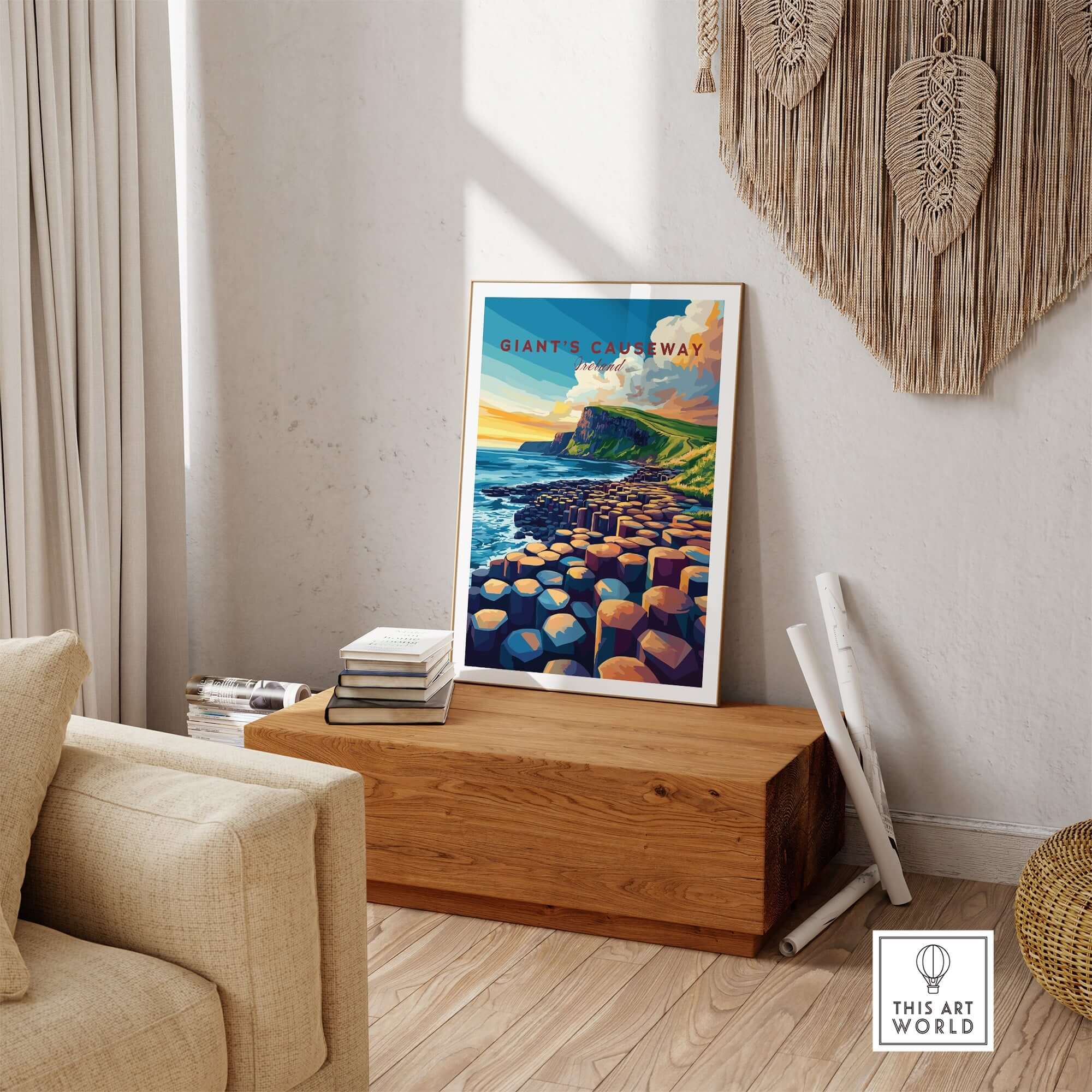Giant's Causeway Travel Print displayed in a cozy home setting, featuring the iconic hexagonal columns and coastal views.