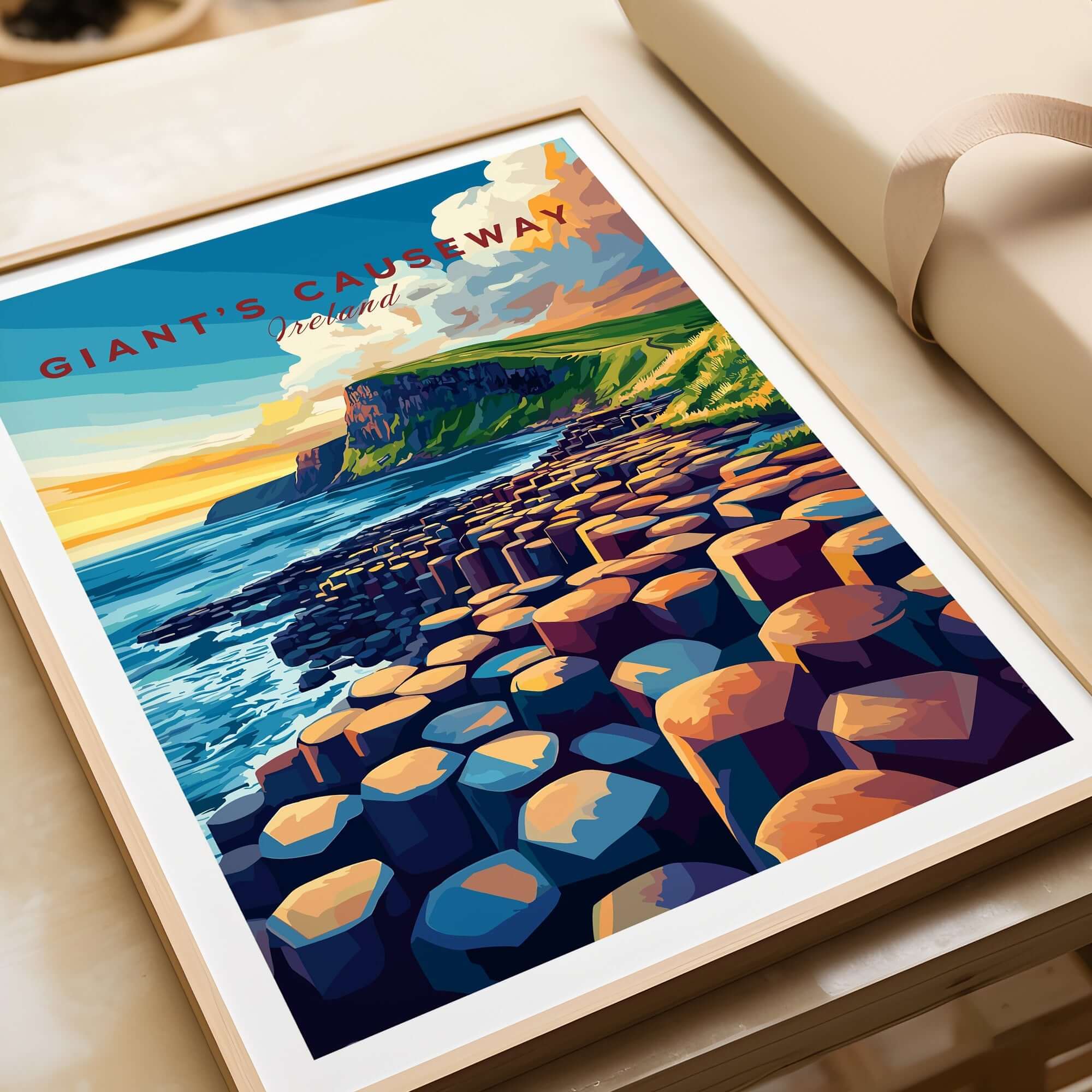 Giant's Causeway Travel Print showcasing vibrant landscapes of the iconic Giant's Causeway in framed artwork.