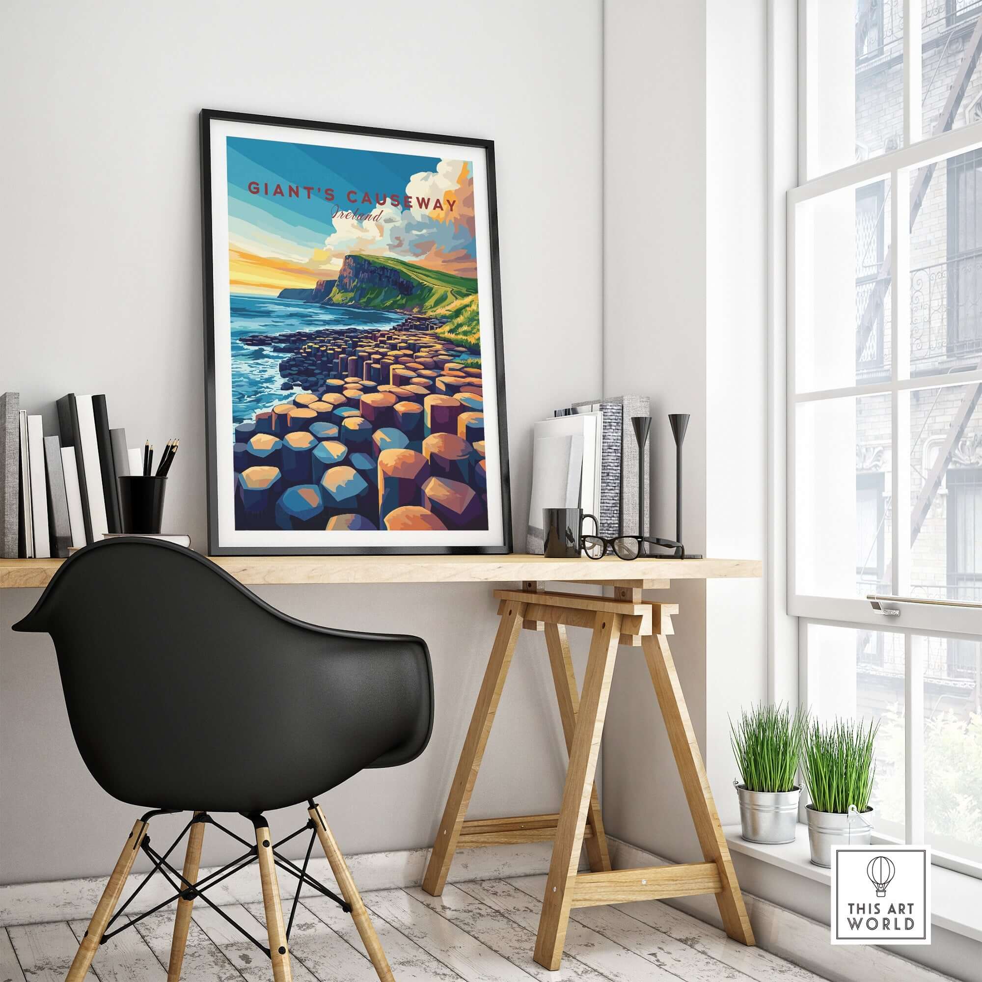 Giant's Causeway Travel Print displayed in a modern room featuring a stylish desk and natural light.