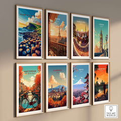 Giant's Causeway Travel Print featured among various travel prints on a wall, showcasing iconic landscapes and cities.