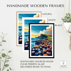 Giant's Causeway Travel Print in handmade wooden frames, available in natural, white, and black options.