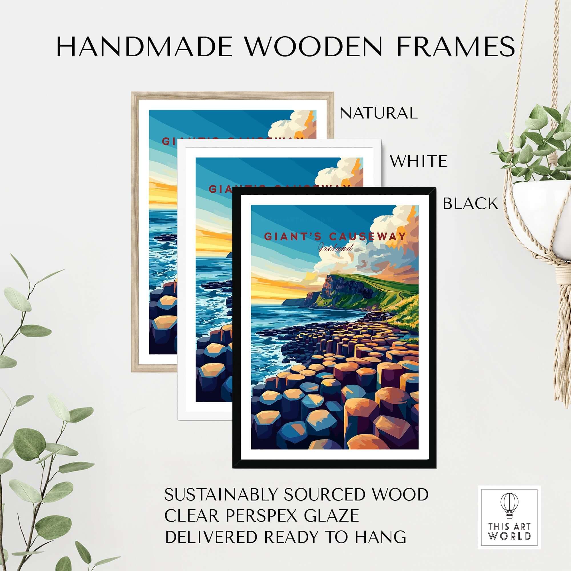 Giant's Causeway Travel Print in handmade wooden frames, available in natural, white, and black options.