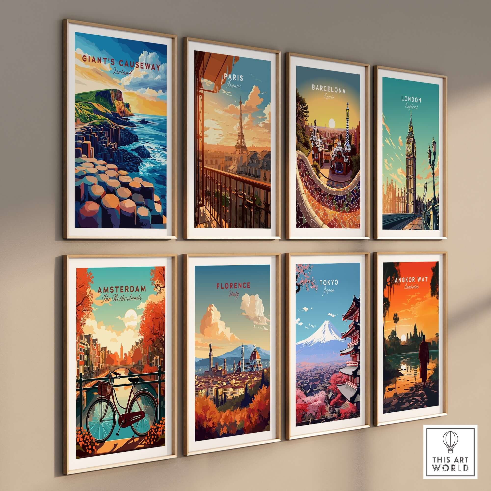 Giant's Causeway Wall Art showcasing vibrant landscapes in a gallery-style display with other city artworks.