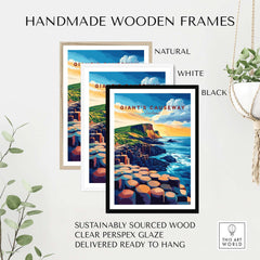 Giant's Causeway Wall Art displayed in handmade wooden frames: natural, white, and black options for stylish decor.